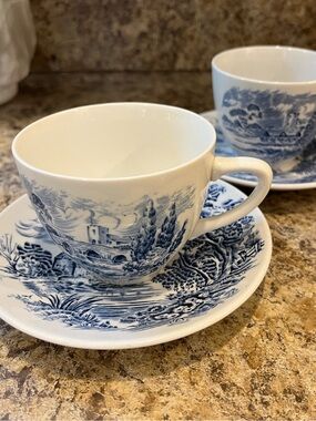Wedgwood Countryside Teacups and Saucers Set of 2 Blue and White, England